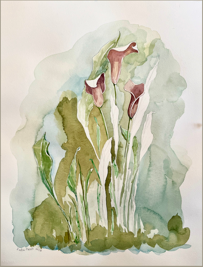 A watercolor painting of calla lilies, featuring soft green and dusty pink tones 